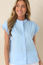 Women's Oh, So Charming Light Blue Scalloped Trim Button Front Top | 65% Cotton 4