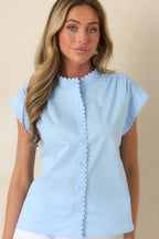 Women's Oh, So Charming Light Blue Scalloped Trim Button Front Top | 65% Cotton 5