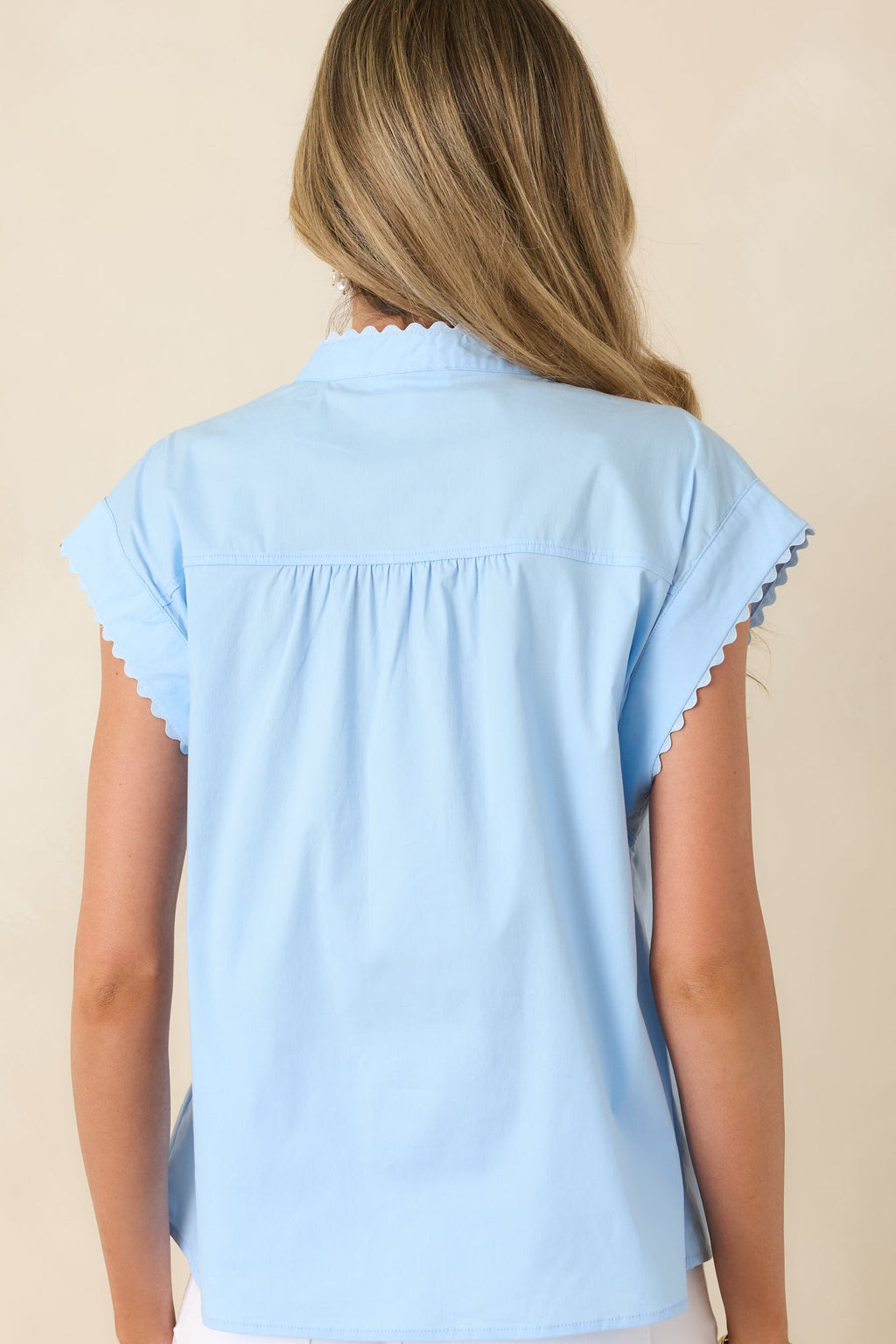 Women's Oh, So Charming Light Blue Scalloped Trim Button Front Top | 65% Cotton 7