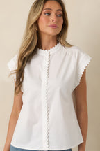 Women's Oh, So Charming White Scalloped Trim Button Front Top | 65% Cotton 2