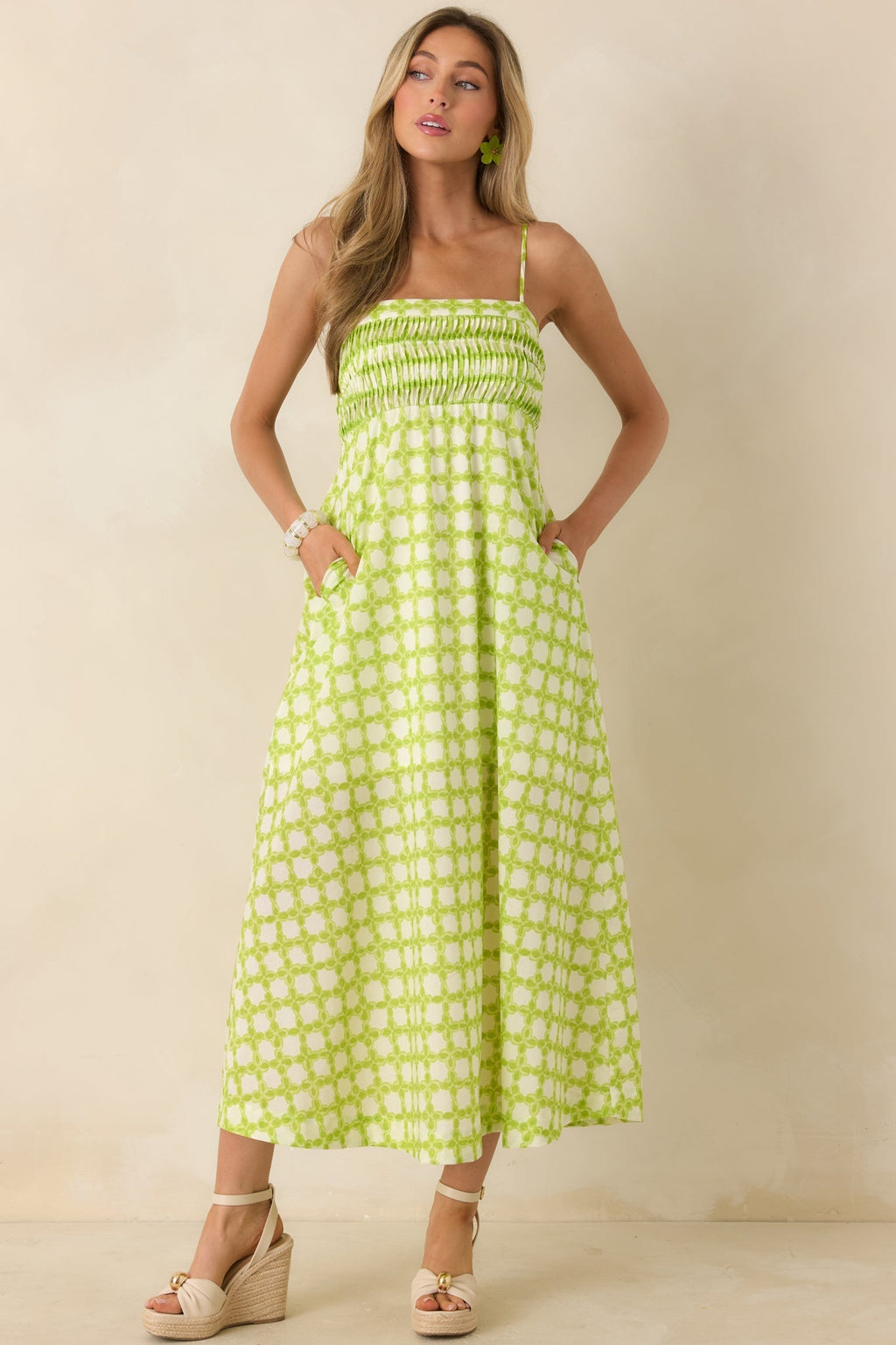 Women's On the Bright Path Chartreuse Green Printed Cotton Midi Dress | 100% Cotton 0