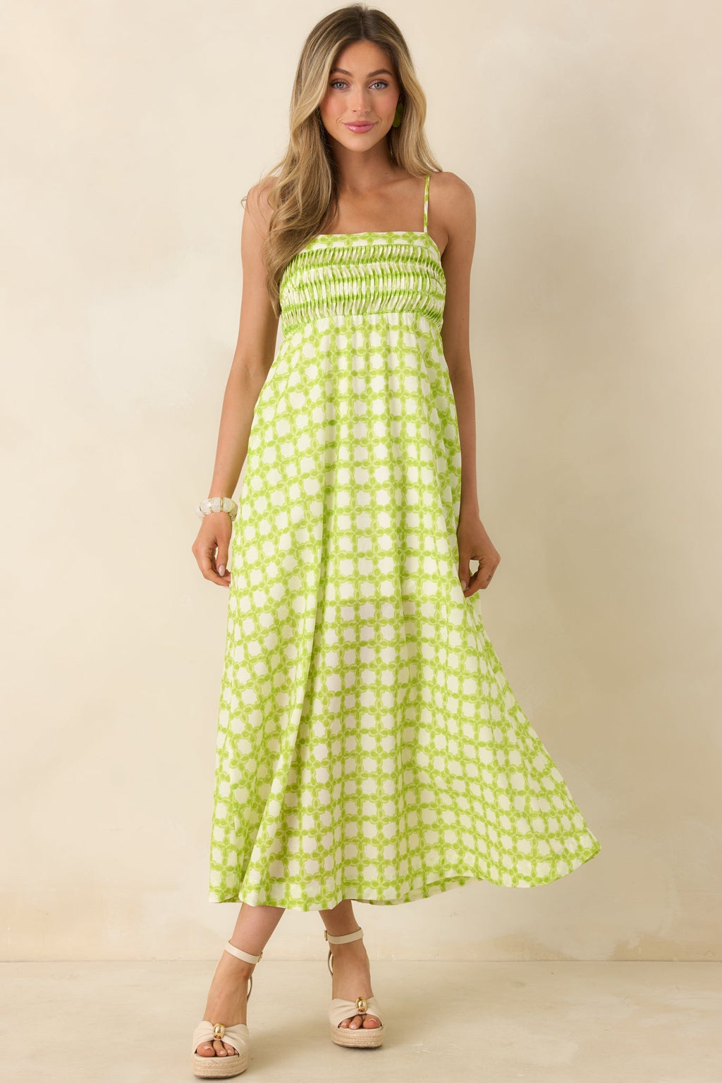 Women's On the Bright Path Chartreuse Green Printed Cotton Midi Dress | 100% Cotton 2