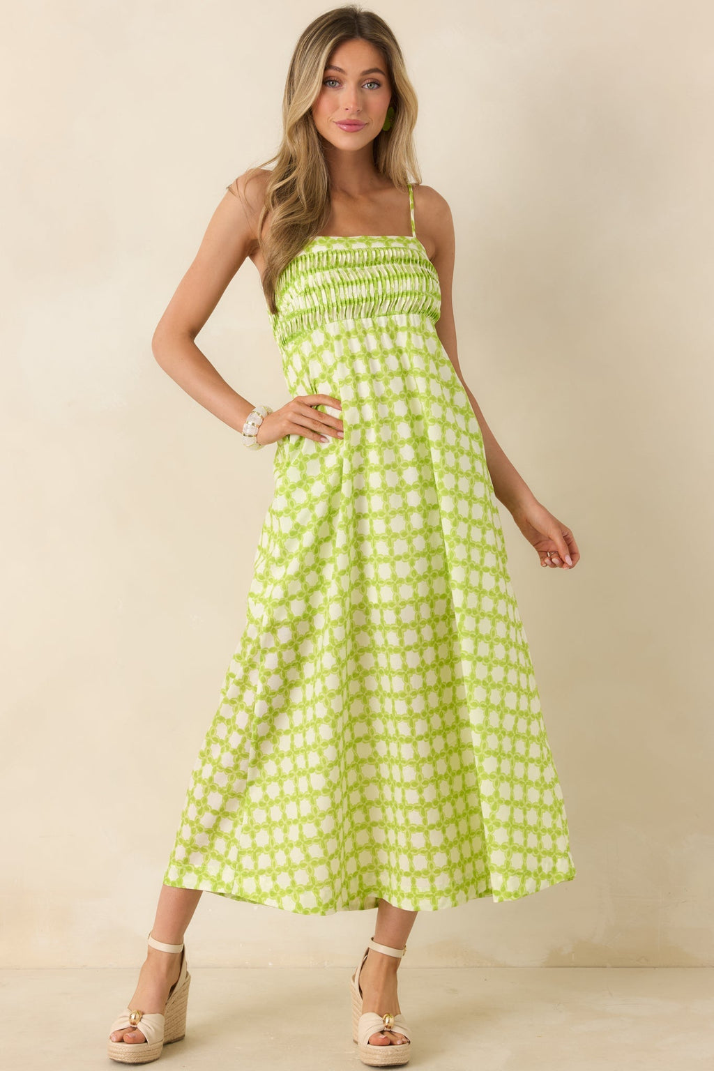 Women's On the Bright Path Chartreuse Green Printed Cotton Midi Dress | 100% Cotton 3