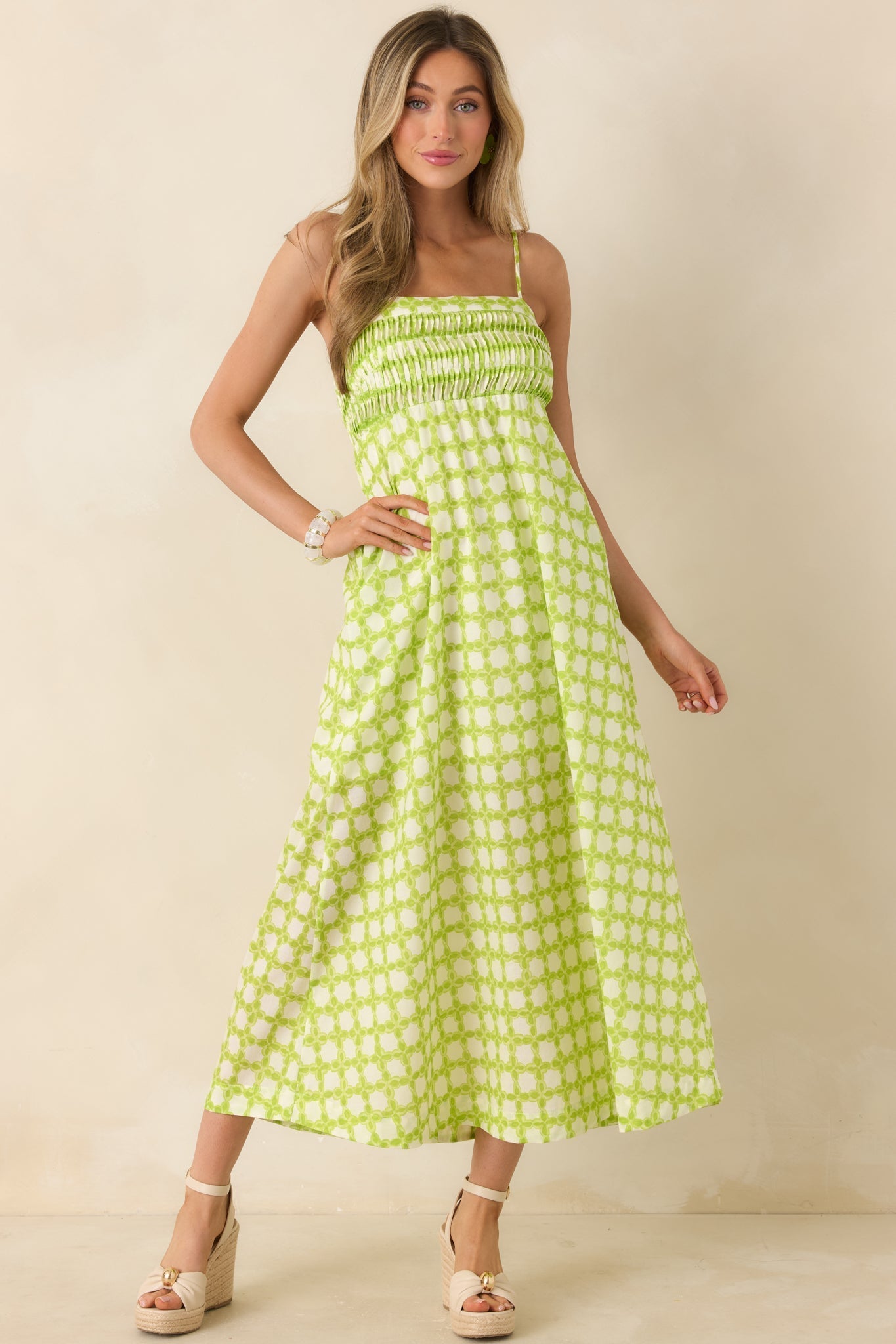 Women's On the Bright Path Chartreuse Green Printed Cotton Midi Dress | 100% Cotton 3