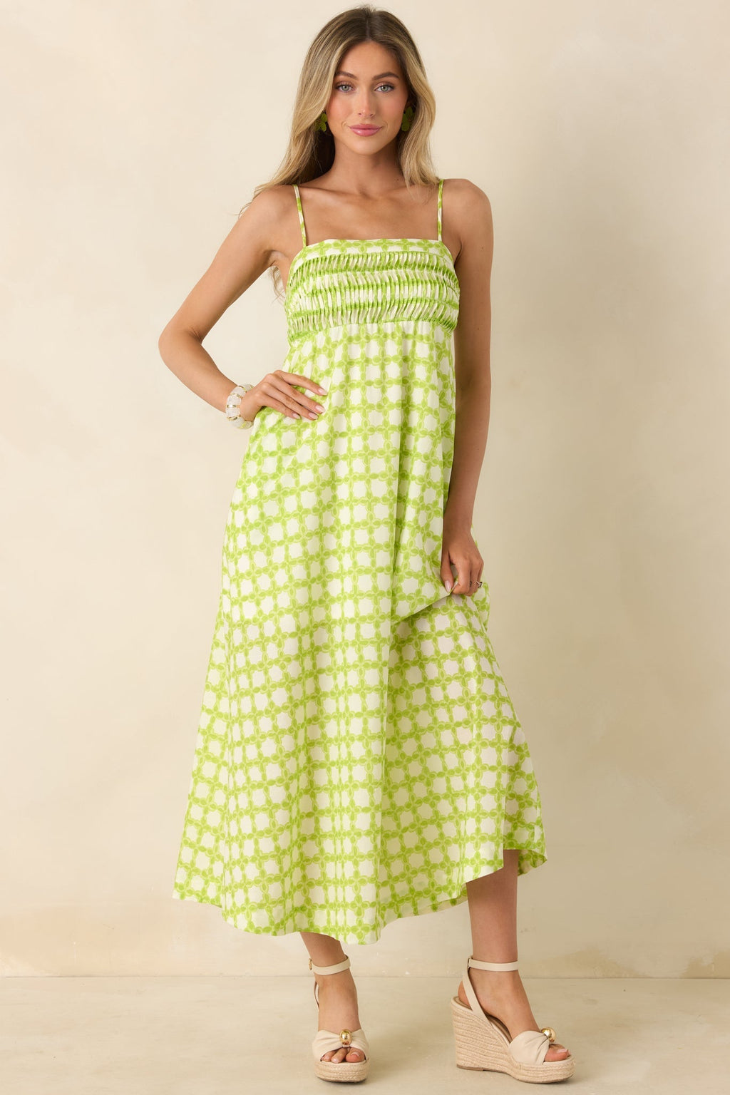 Women's On the Bright Path Chartreuse Green Printed Cotton Midi Dress | 100% Cotton 6