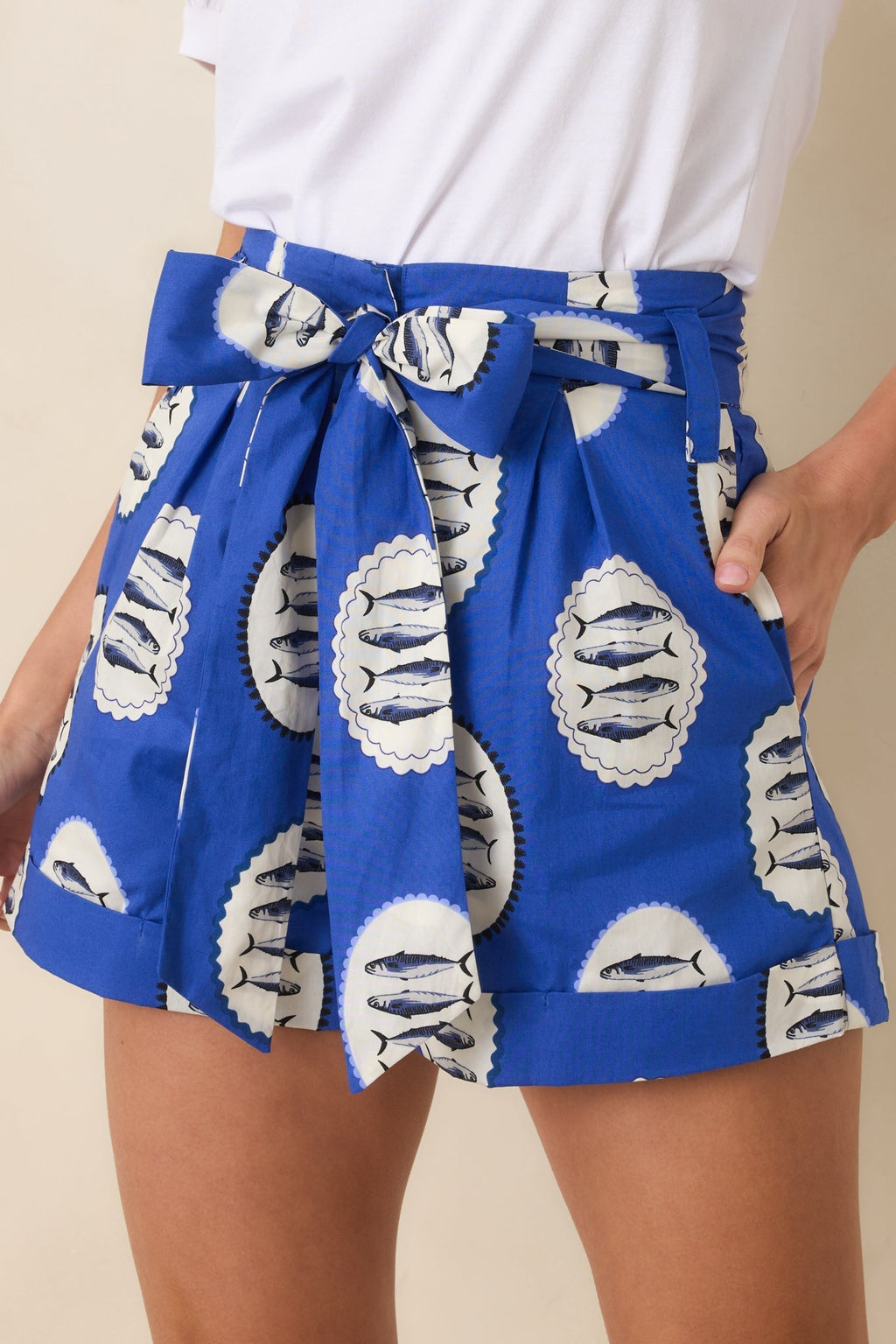 Women's On the Hook Royal Blue Multi Cotton Tie-Belt Shorts | 100% Cotton 0