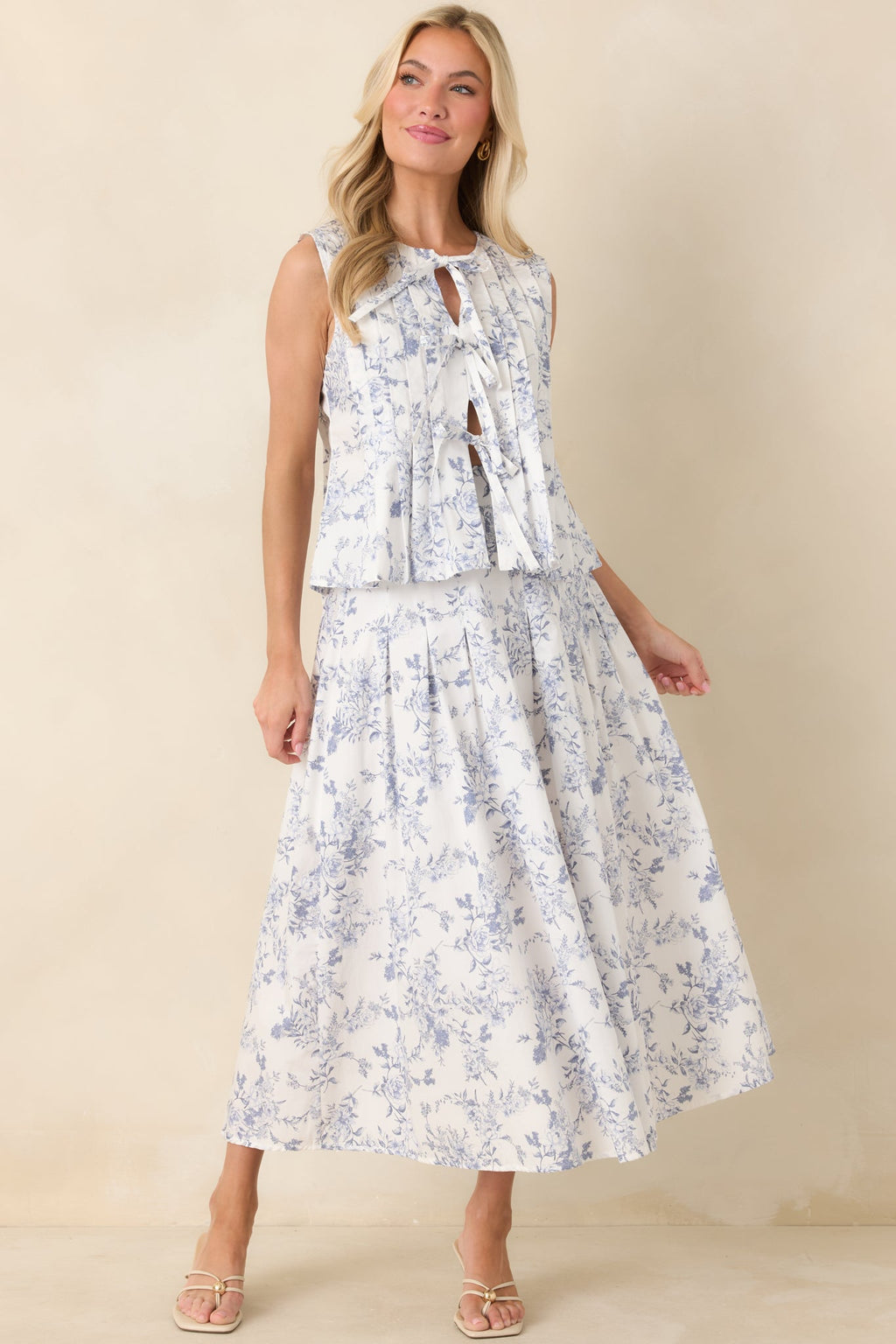 Women's Once Upon a Daydream Blue & Ivory Floral Toile Cotton Tie-Front Top | 100% Cotton 0