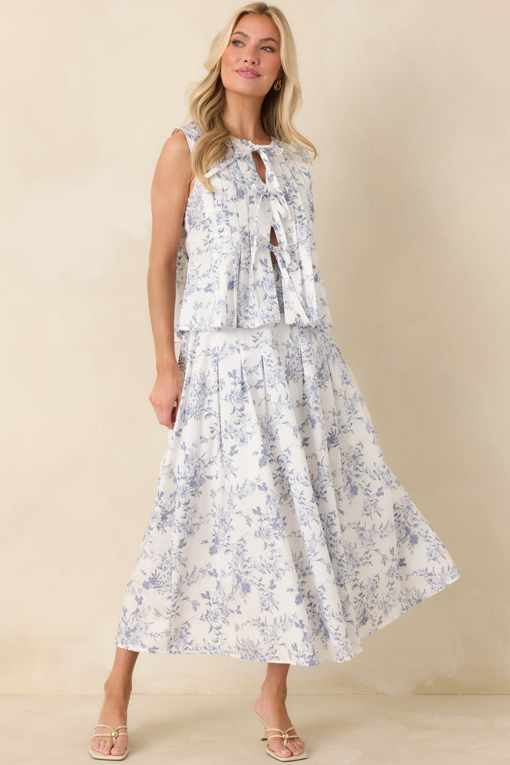 Women's Once Upon a Daydream Blue & Ivory Floral Toile Cotton Tie-Front Top | 100% Cotton 6