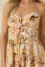 Women's One More Song Tan Multi Tropical Keyhole Tiered Mini Dress | 70% Rayon & 30% Linen 3