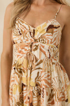 Women's One More Song Tan Multi Tropical Keyhole Tiered Mini Dress | 70% Rayon & 30% Linen 3