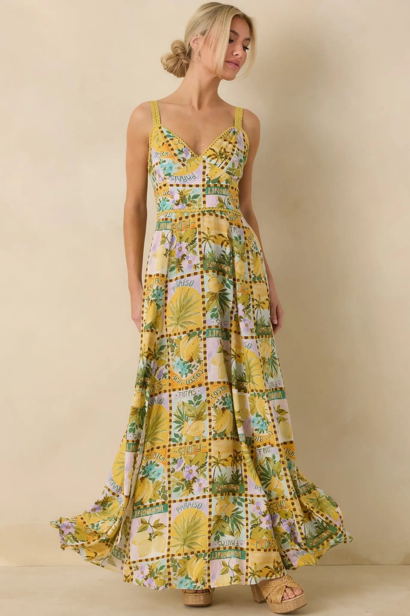 Women's One To Remember Yellow Tropical Print Linen Blend Maxi Dress | 85% Rayon & 15% Linen 0