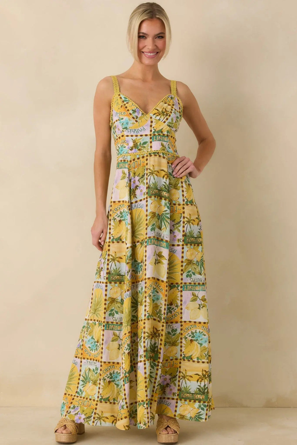 Women's One To Remember Yellow Tropical Print Linen Blend Maxi Dress | 85% Rayon & 15% Linen 1