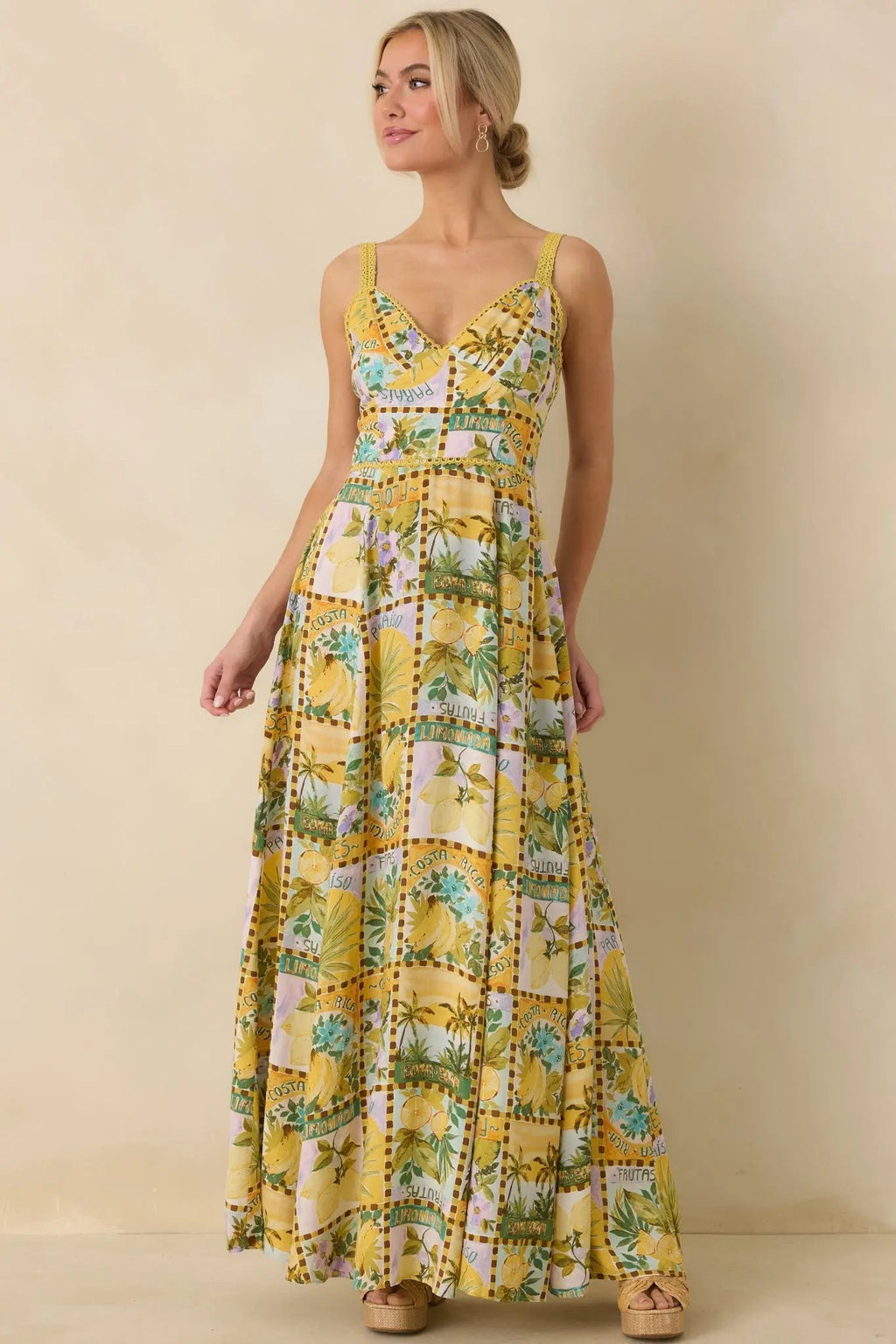 Women's One To Remember Yellow Tropical Print Linen Blend Maxi Dress | 85% Rayon & 15% Linen 3