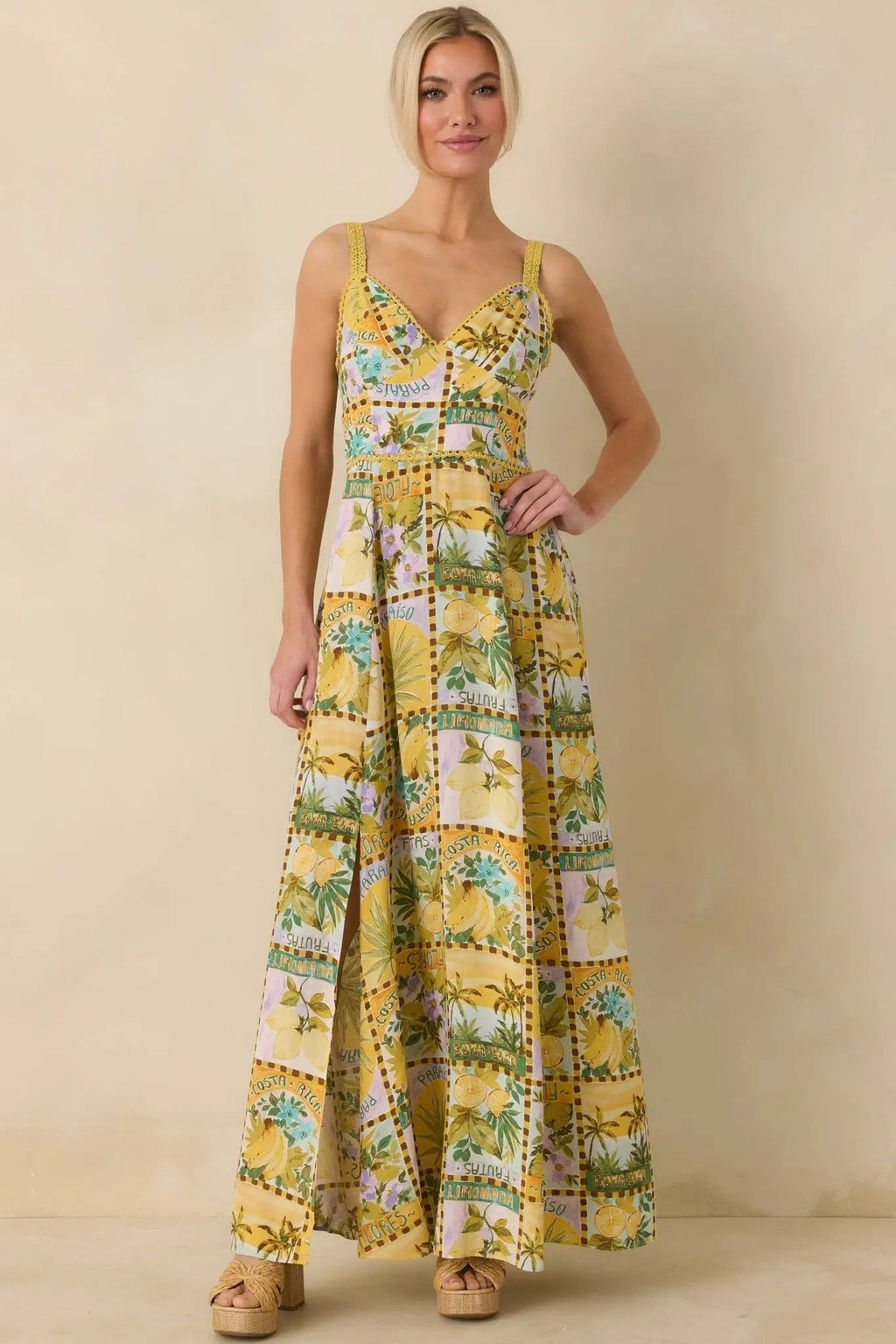 Women's One To Remember Yellow Tropical Print Linen Blend Maxi Dress | 85% Rayon & 15% Linen 4