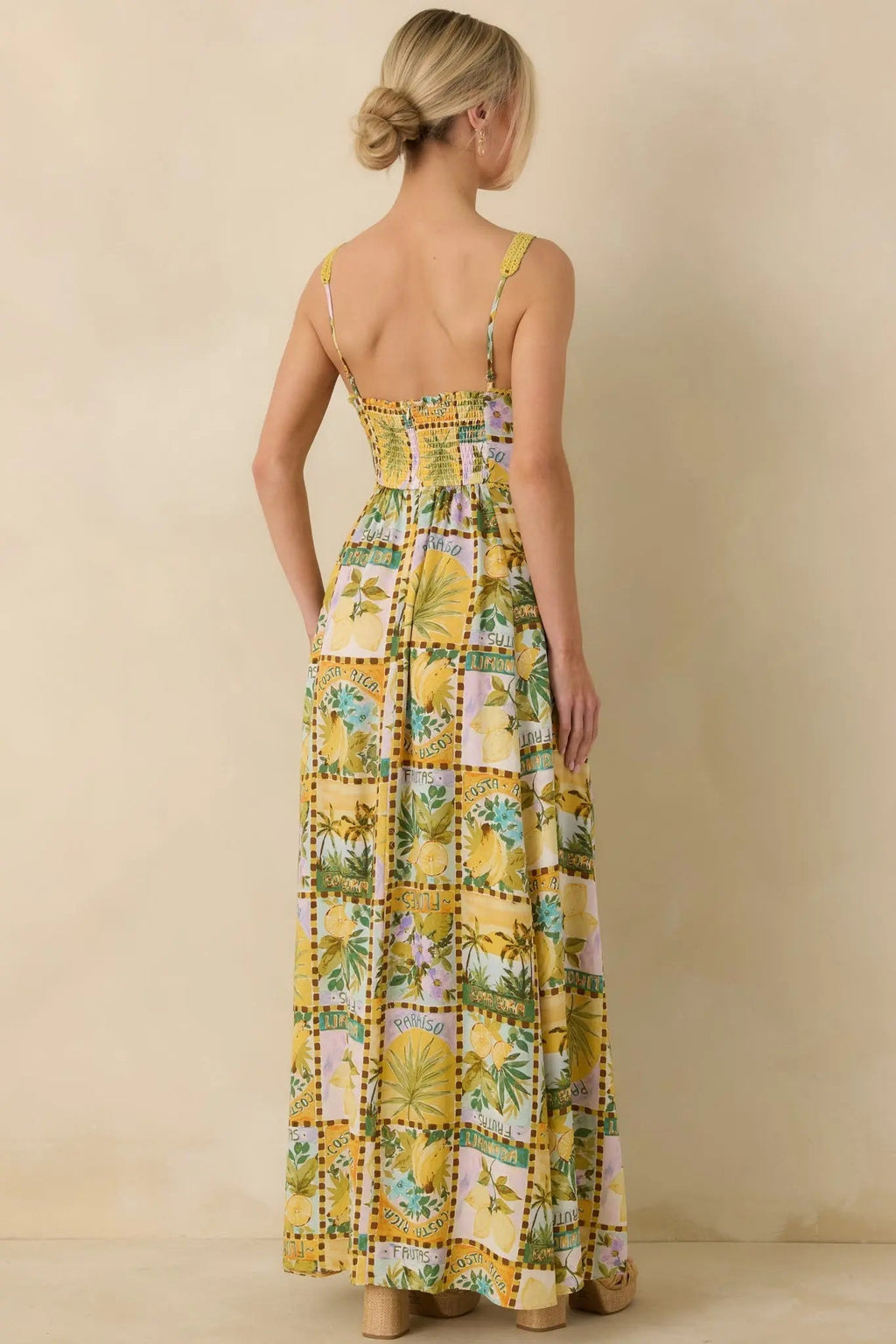 Women's One To Remember Yellow Tropical Print Linen Blend Maxi Dress | 85% Rayon & 15% Linen 5