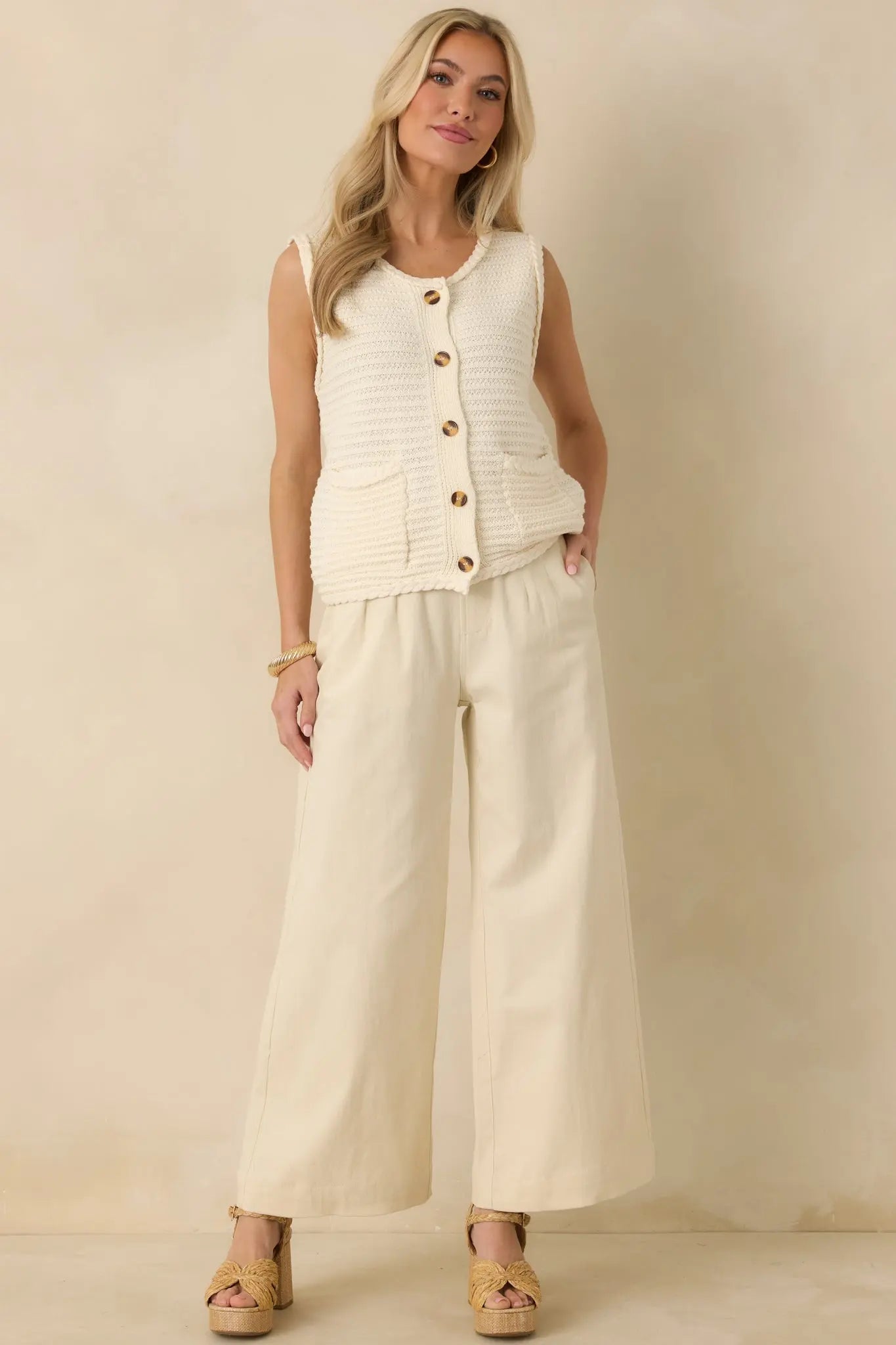 Women's Onward And Upward Ivory Cotton Button Front Sweater Vest | 60% Cotton & 40% Acrylic 0
