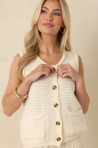 Women's Onward And Upward Ivory Cotton Button Front Sweater Vest | 60% Cotton & 40% Acrylic 1