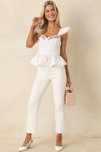Women's Open Skies White Cotton Flutter Sleeve Peplum Top | 100% Cotton 2
