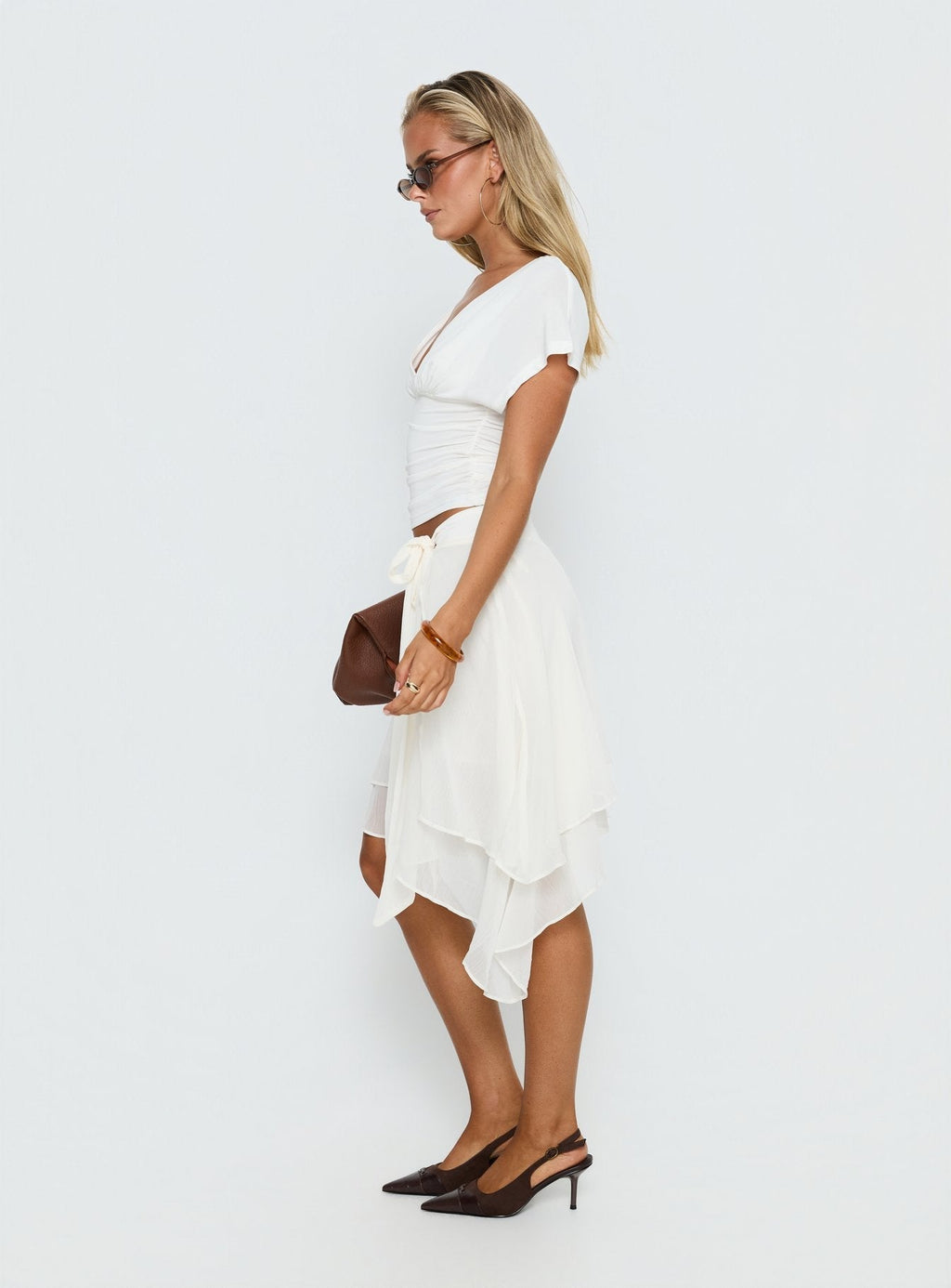 Women's Ophella Tie Waist Chiffon Midi Skirt Cream | Chiffon midi skirt with tie waist detail 3
