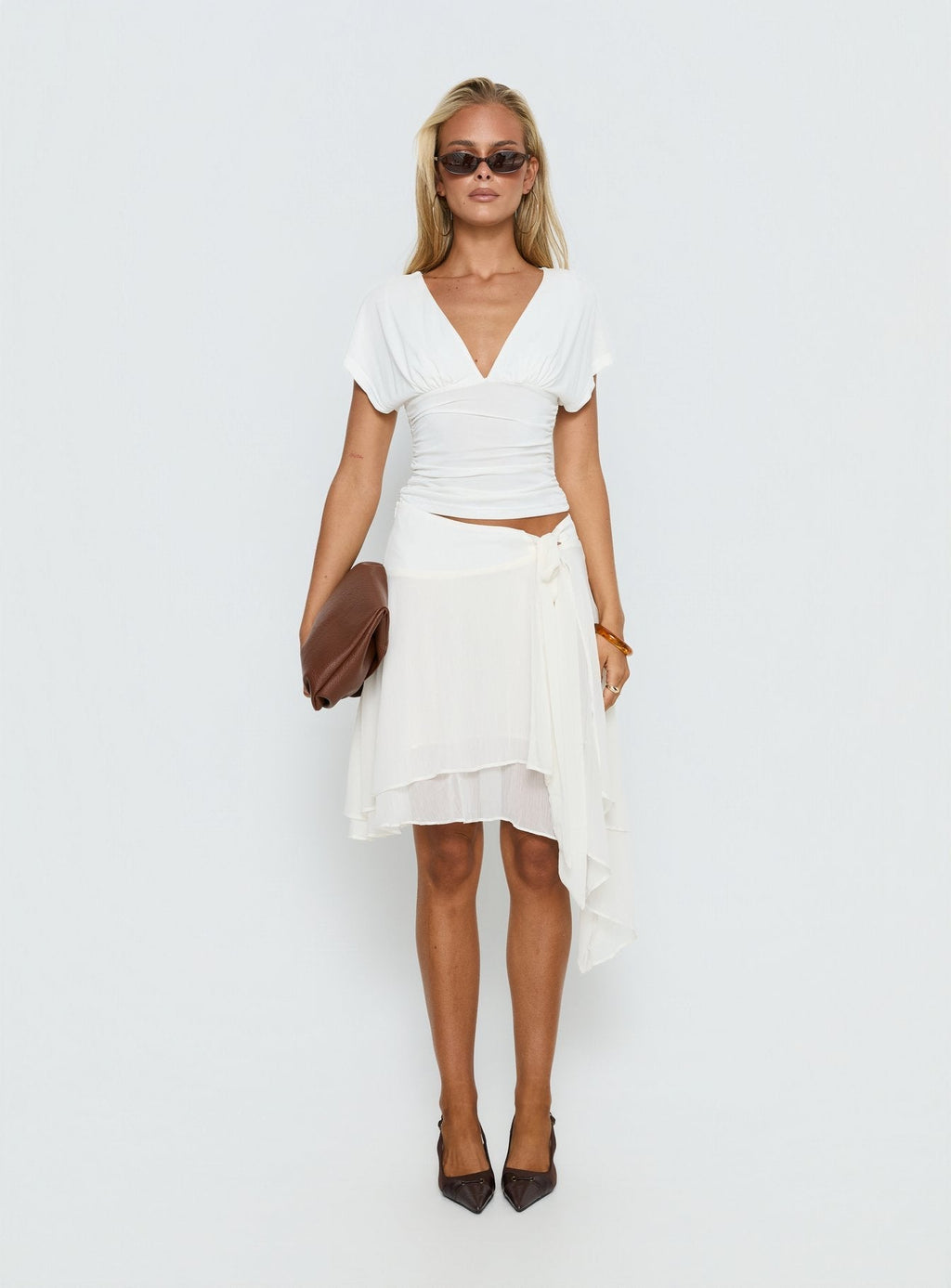 Women's Ophella Tie Waist Chiffon Midi Skirt Cream | Chiffon midi skirt with tie waist detail 6