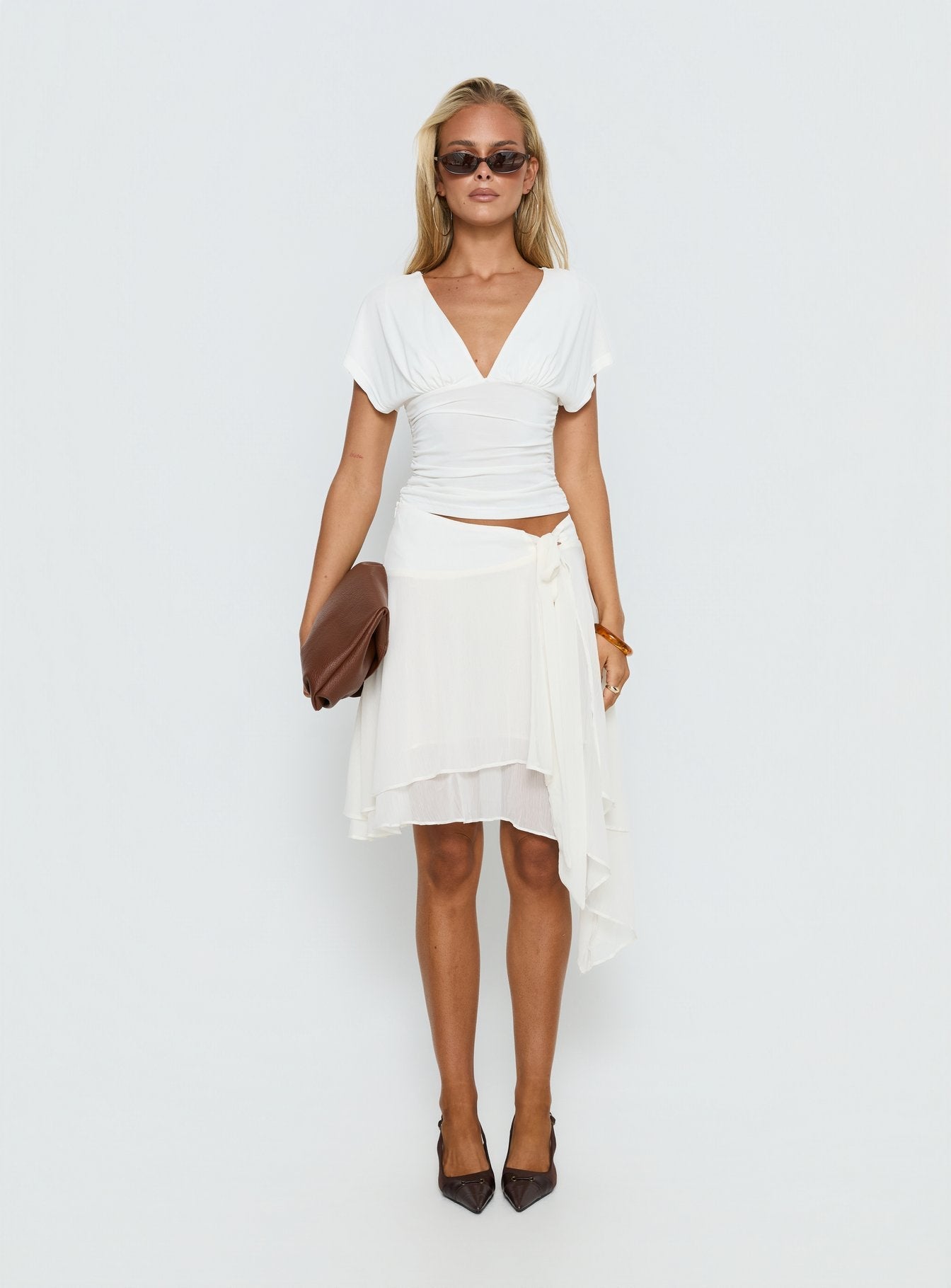 Women's Ophella Tie Waist Chiffon Midi Skirt Cream | Chiffon midi skirt with tie waist detail 6