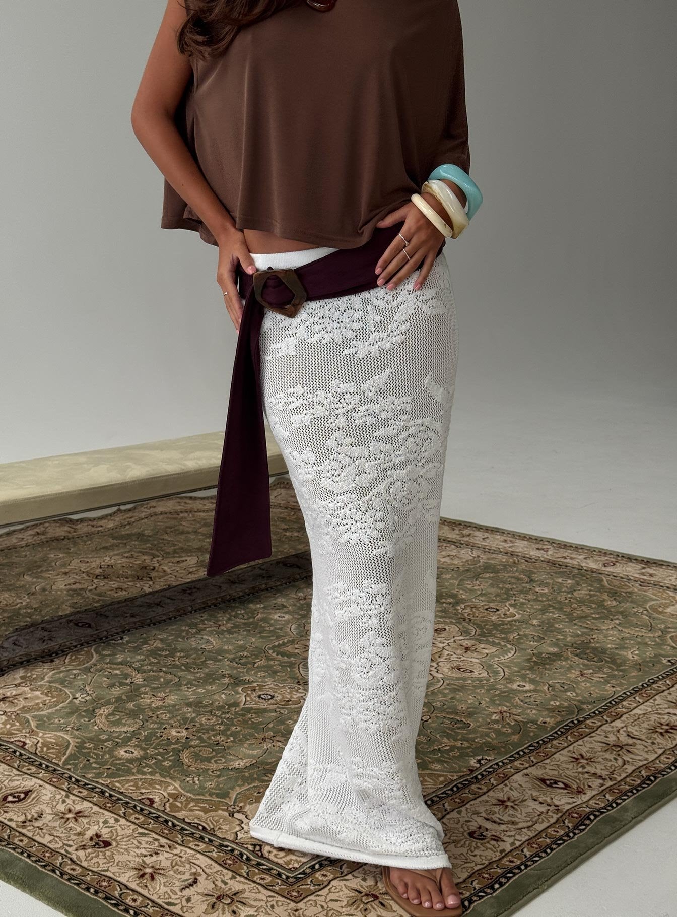 Women's Opresia Crochet Maxi Skirt White | Crochet maxi dress in low-rise 0