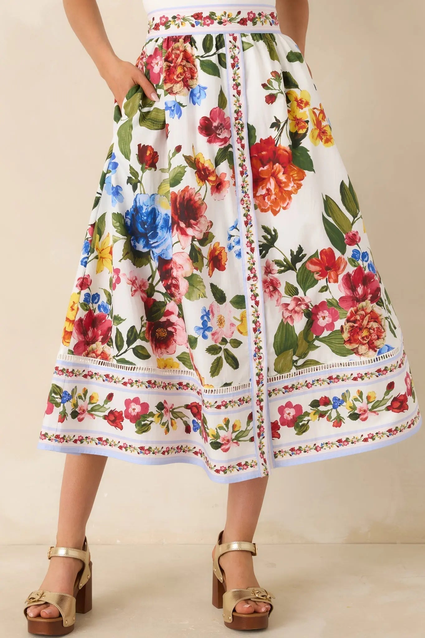 Women's Painted Garden Ivory Multi Floral Cotton Midi Skirt | 100% Cotton 0