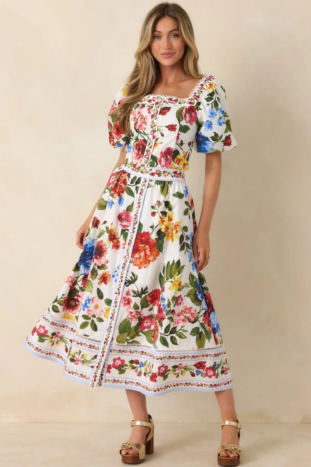 Women's Painted Garden Ivory Multi Floral Cotton Midi Skirt | 100% Cotton 1