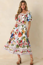 Women's Painted Garden Ivory Multi Floral Cotton Midi Skirt | 100% Cotton 1