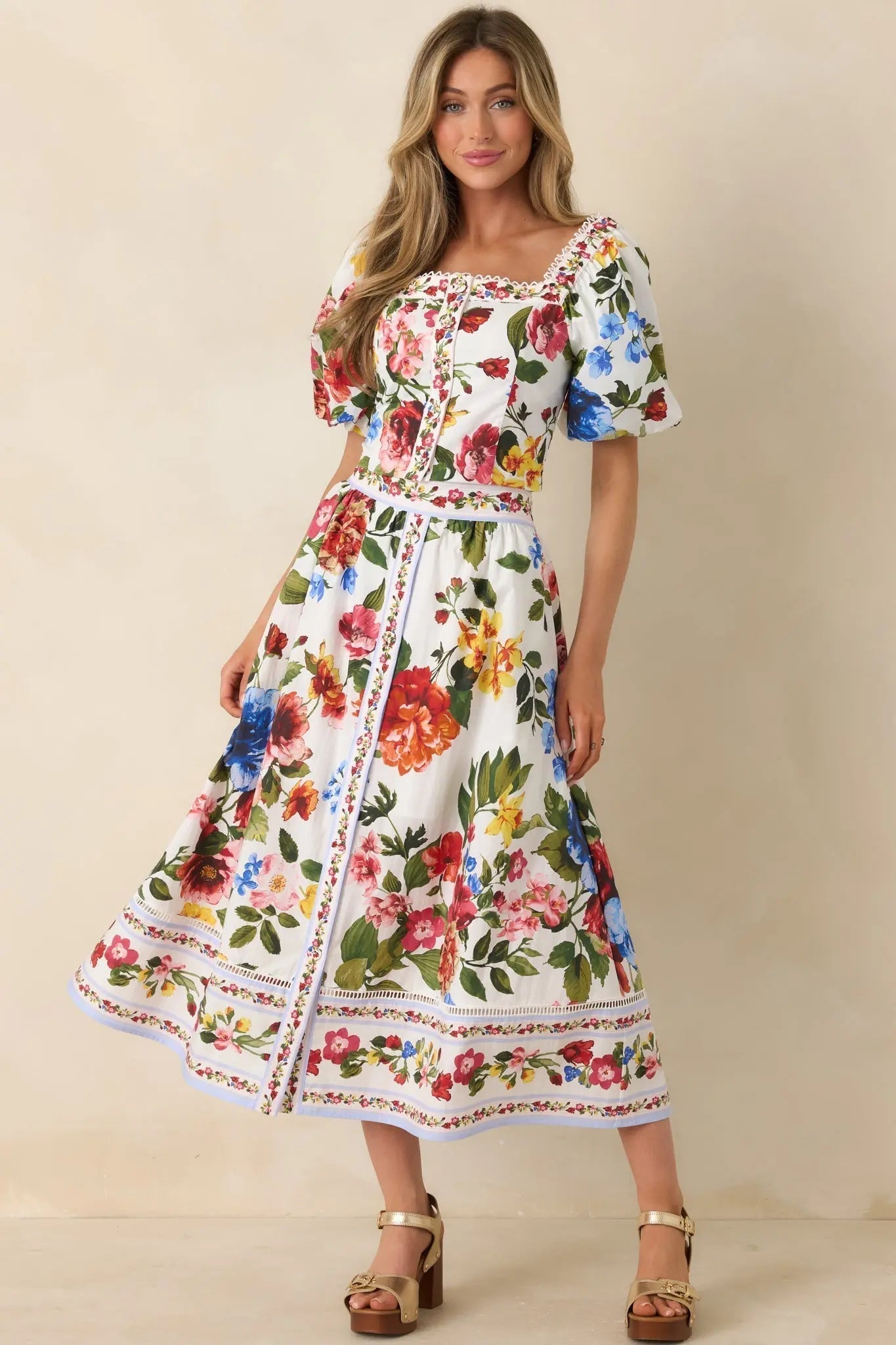 Women's Painted Garden Ivory Multi Floral Cotton Midi Skirt | 100% Cotton 1