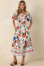 Women's Painted Garden Ivory Multi Floral Cotton Midi Skirt | 100% Cotton 2