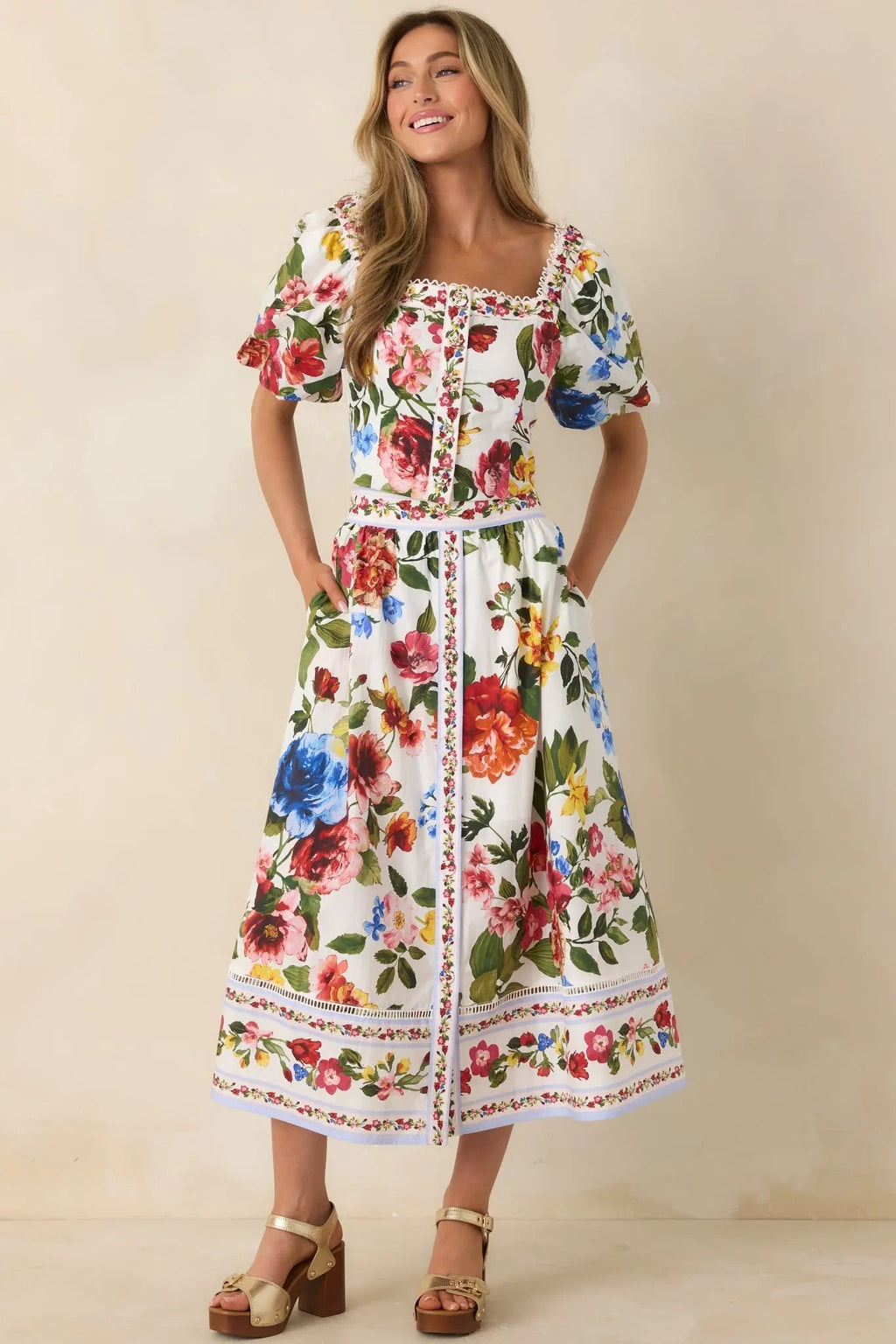 Women's Painted Garden Ivory Multi Floral Cotton Midi Skirt | 100% Cotton 3