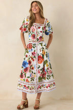 Women's Painted Garden Ivory Multi Floral Cotton Midi Skirt | 100% Cotton 3