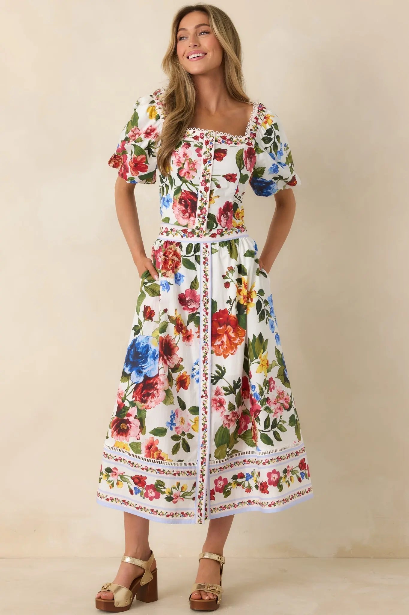 Women's Painted Garden Ivory Multi Floral Cotton Midi Skirt | 100% Cotton 3
