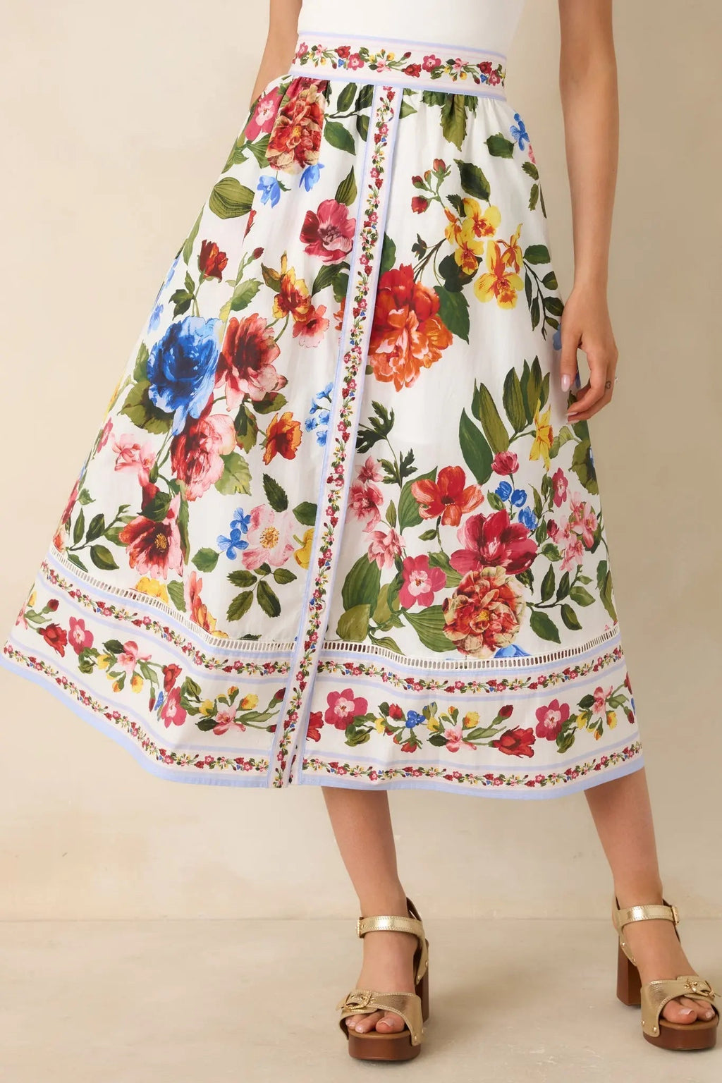 Women's Painted Garden Ivory Multi Floral Cotton Midi Skirt | 100% Cotton 4