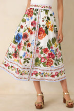 Women's Painted Garden Ivory Multi Floral Cotton Midi Skirt | 100% Cotton 4