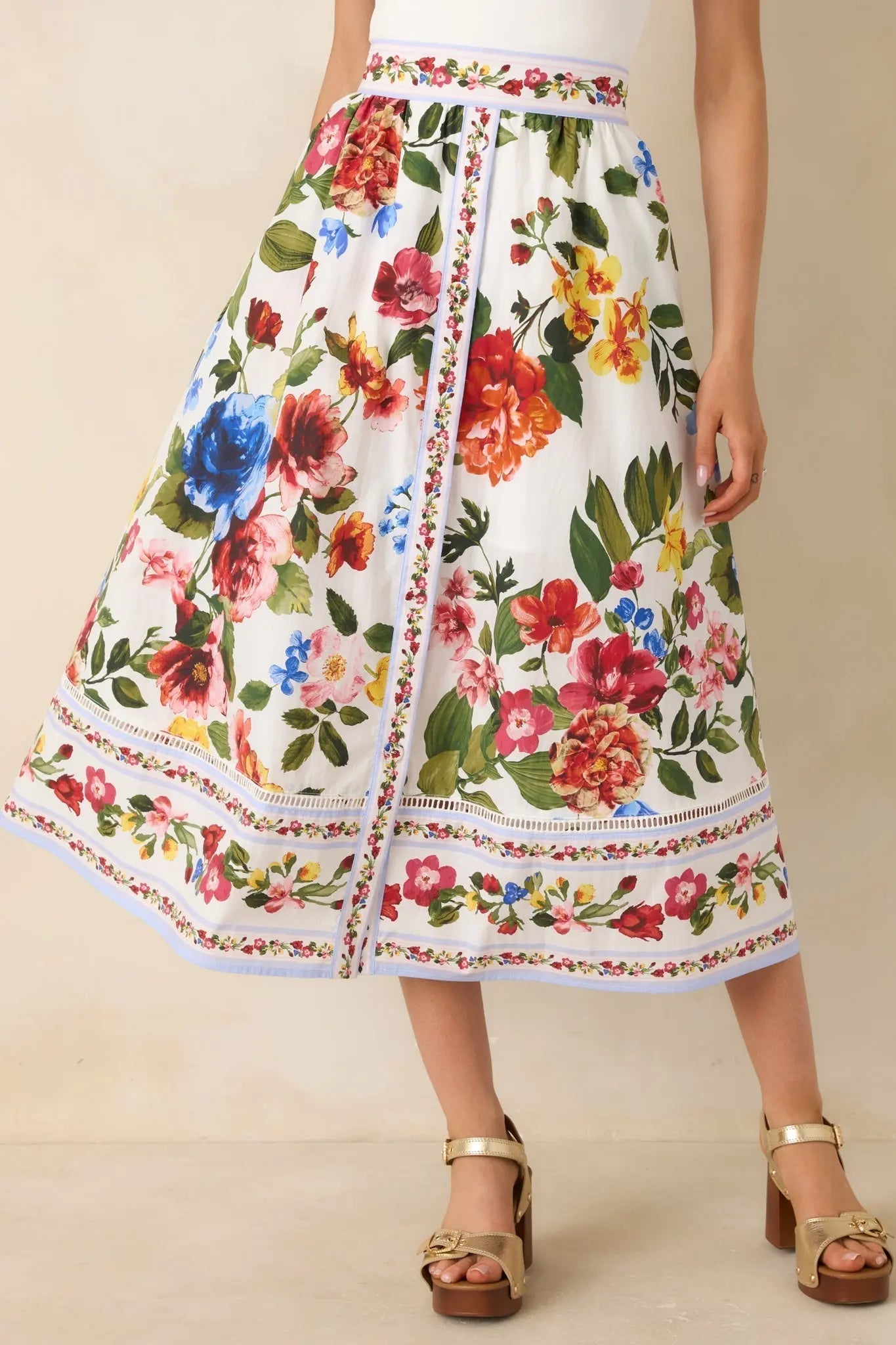 Women's Painted Garden Ivory Multi Floral Cotton Midi Skirt | 100% Cotton 4