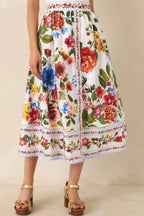 Women's Painted Garden Ivory Multi Floral Cotton Midi Skirt | 100% Cotton 5