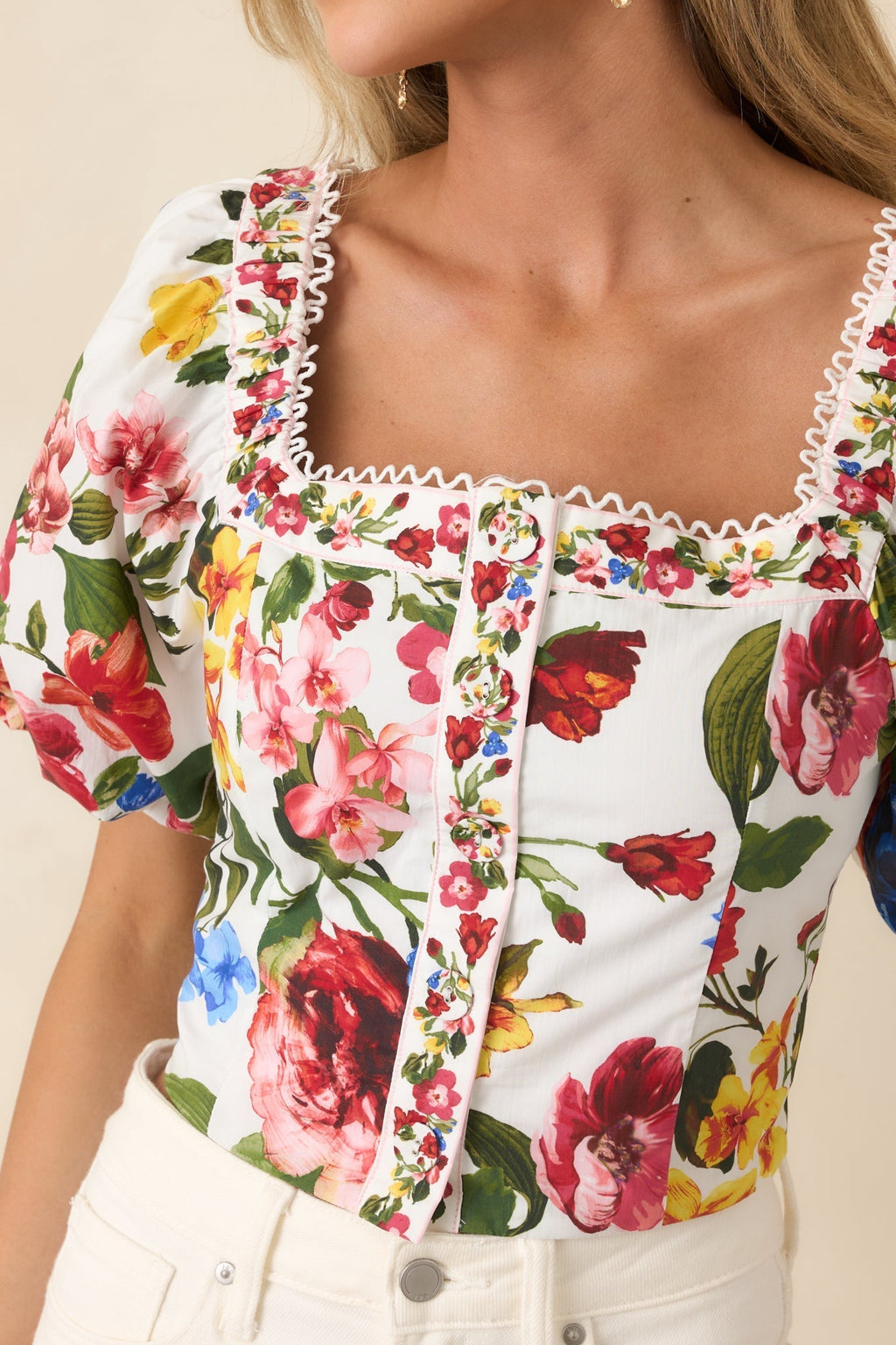 Women's Painted Garden Ivory Multi Floral Cotton Puff Sleeve Top | 100% Cotton 3