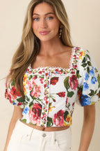 Women's Painted Garden Ivory Multi Floral Cotton Puff Sleeve Top | 100% Cotton 4