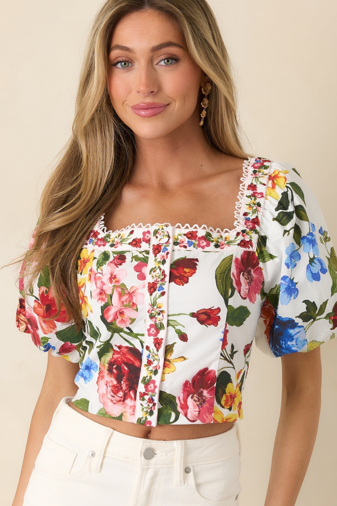 Women's Painted Garden Ivory Multi Floral Cotton Puff Sleeve Top | 100% Cotton 4