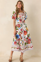 Women's Painted Garden Ivory Multi Floral Cotton Puff Sleeve Top | 100% Cotton 6