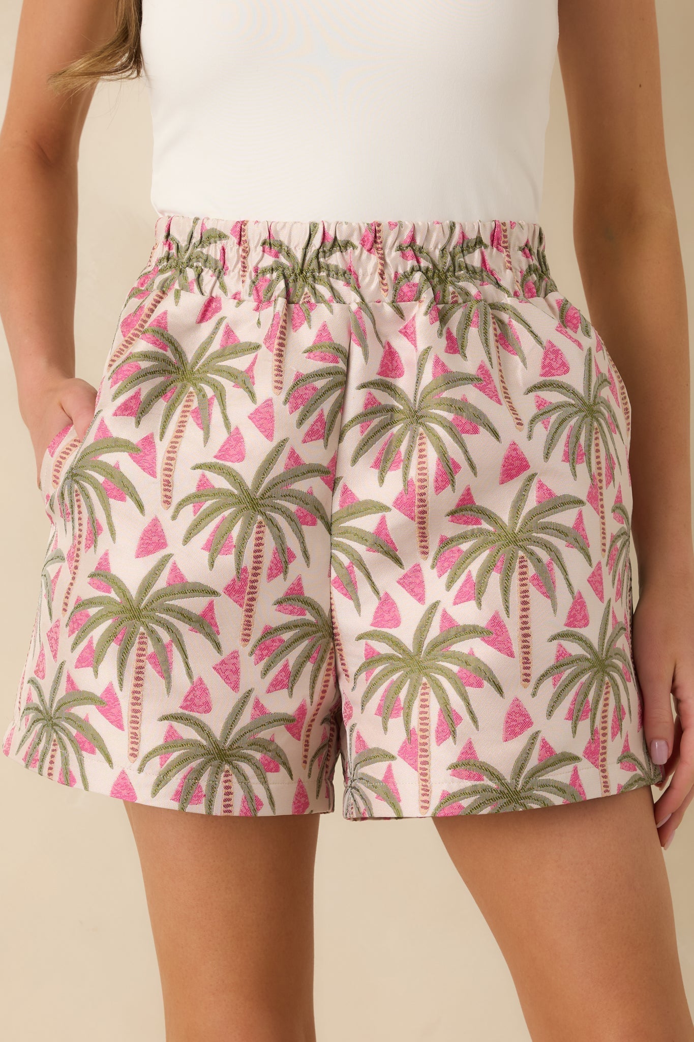 Women's Palm Springs Picnic Pink Multi Jacquard Palm Tree High Waist Shorts | 100% Polyester 3