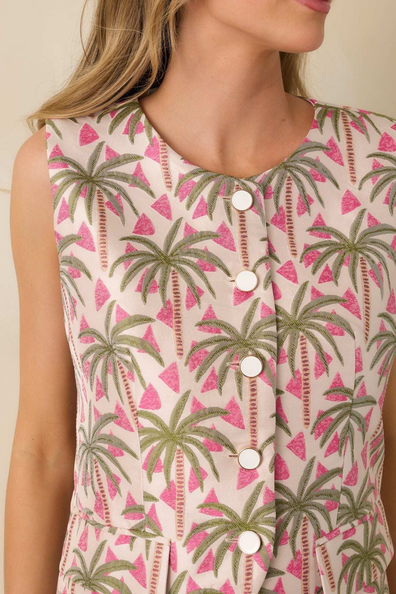 Women's Palm Springs Picnic Pink Multi Jacquard Sleeveless Button Up Top | 100% Polyester 1