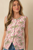 Women's Palm Springs Picnic Pink Multi Jacquard Sleeveless Button Up Top | 100% Polyester 2