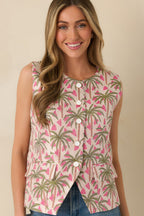 Women's Palm Springs Picnic Pink Multi Jacquard Sleeveless Button Up Top | 100% Polyester 4