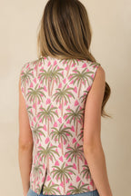 Women's Palm Springs Picnic Pink Multi Jacquard Sleeveless Button Up Top | 100% Polyester 6