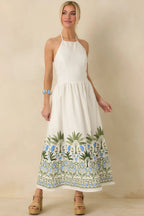 Women's Palm Villa Ivory Multi Floral & Palm Halter Midi Dress | 75% Rayon & 25% Linen 1