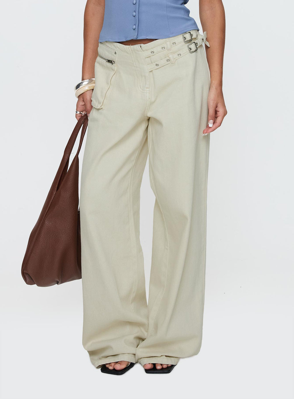 Women's Paltrow Mid Rise Wide Leg Cargo Jeans Cream | Belted cargo mid-rise denim pants 1