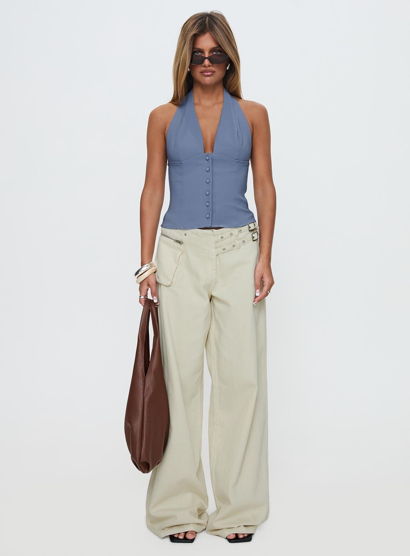 Women's Paltrow Mid Rise Wide Leg Cargo Jeans Cream | Belted cargo mid-rise denim pants 7